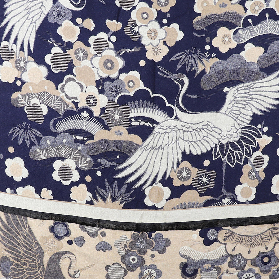POM Navy blue crane and floral jacquard scarf 53052