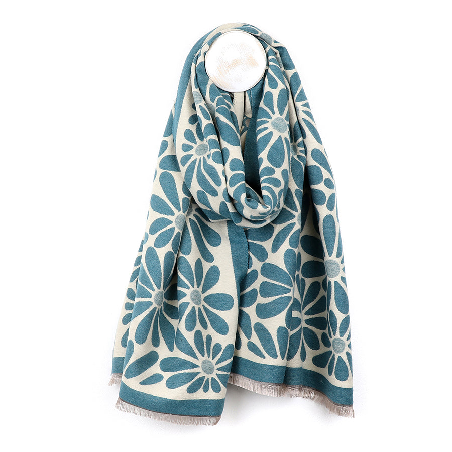 POM Dusky teal retro daisy jacquard scarf 53057