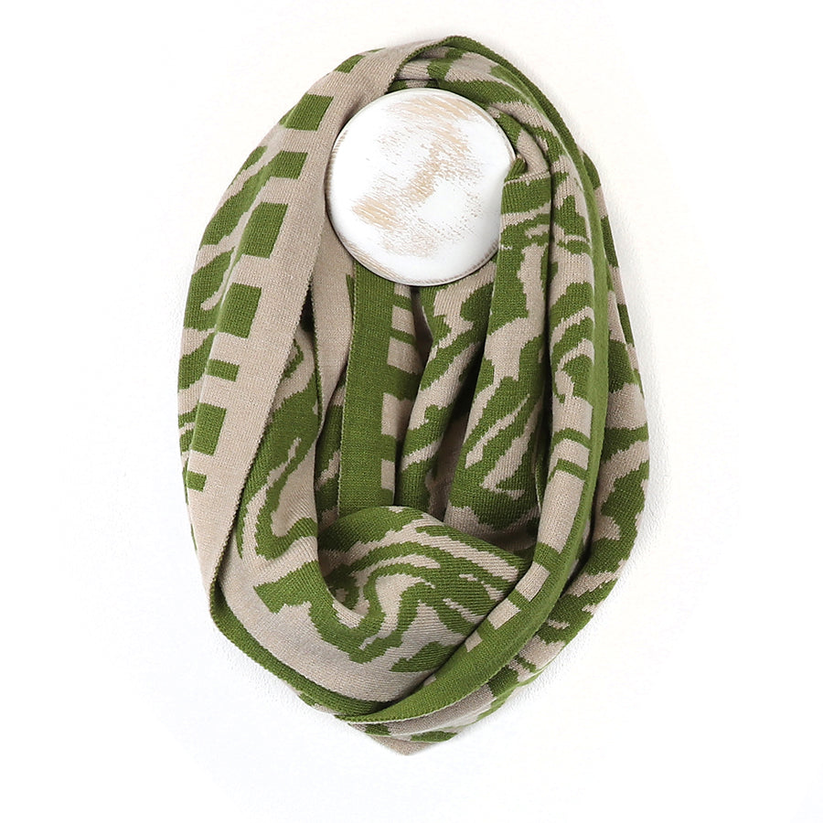 POM Animal Print Fine Knit Snood Scarf Oatmeal/Pea Green 53098