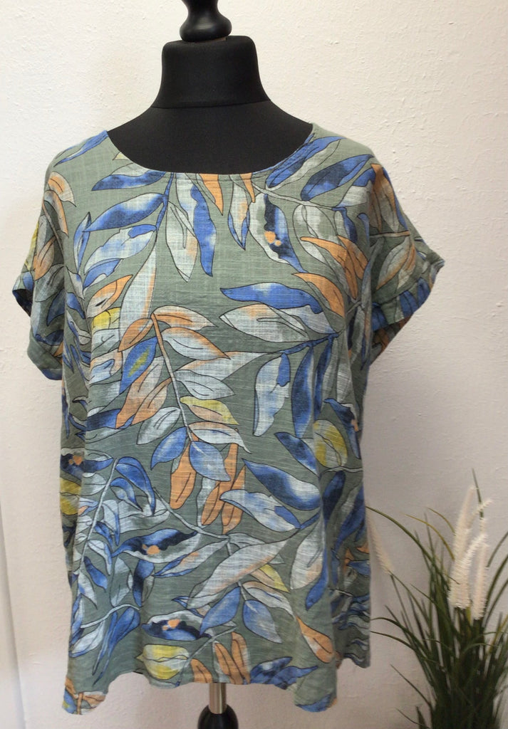 100% Cotton Round Neck Leaf Print Top One Size