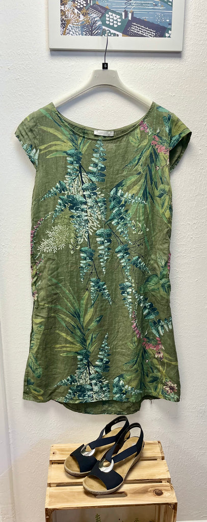 Tropical Print Linen Dress Khaki