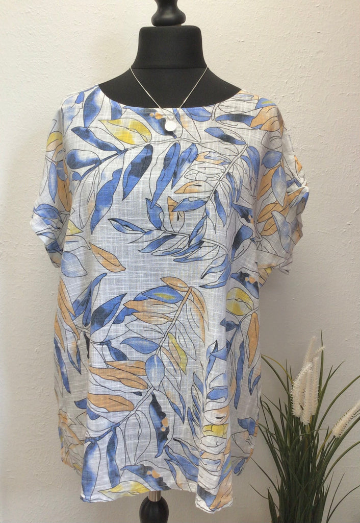 100% Cotton Round Neck Leaf Print Top One Size