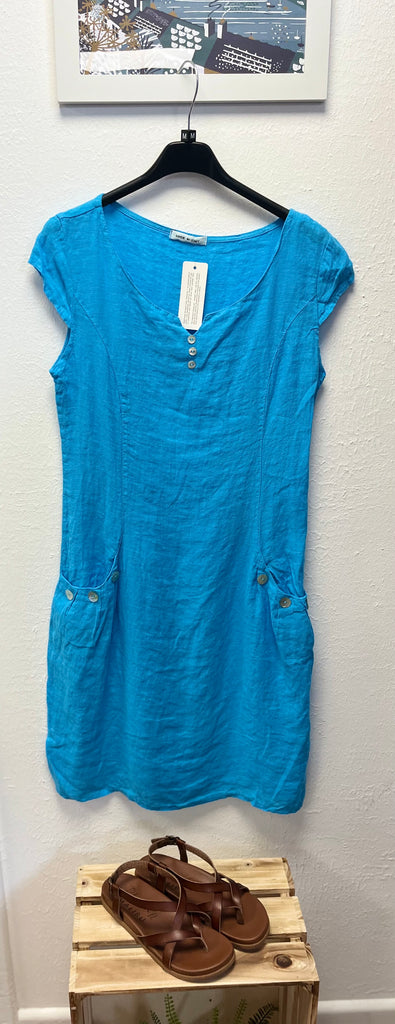 Plain Linen Pocket Dress Turquoise