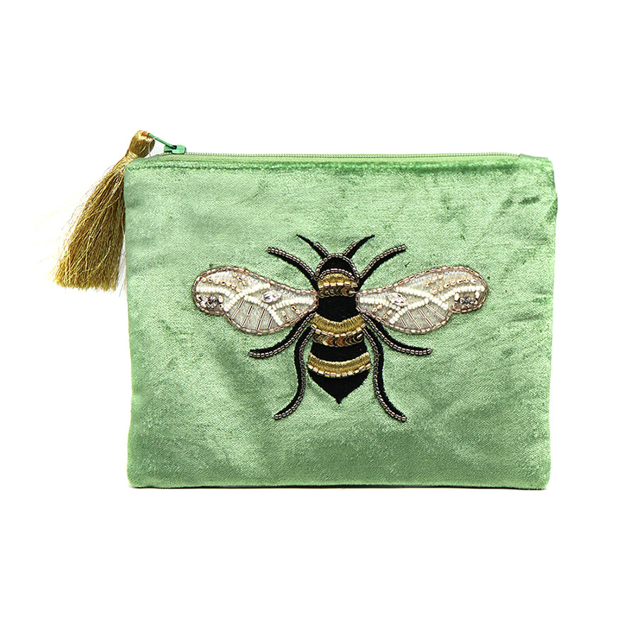 POM Green Embroidered and Beaded Bee Velvet Purse 81365