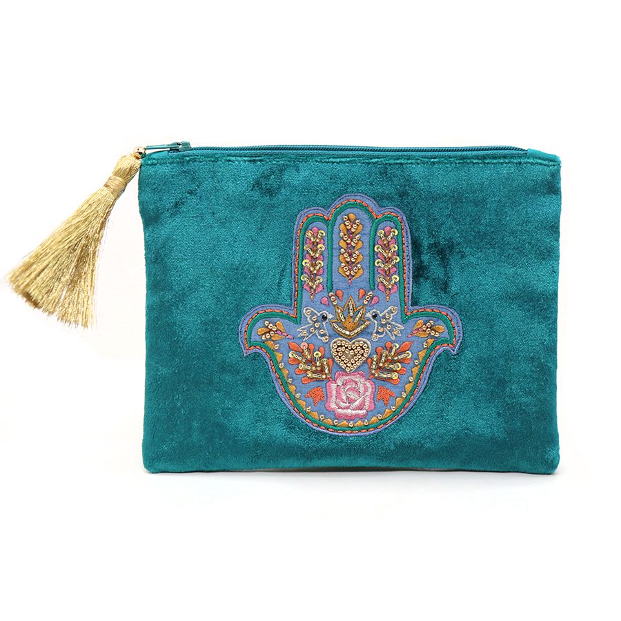 POM Bright Teal Embroidered Beaded Hand Of Fatima Purse 81439