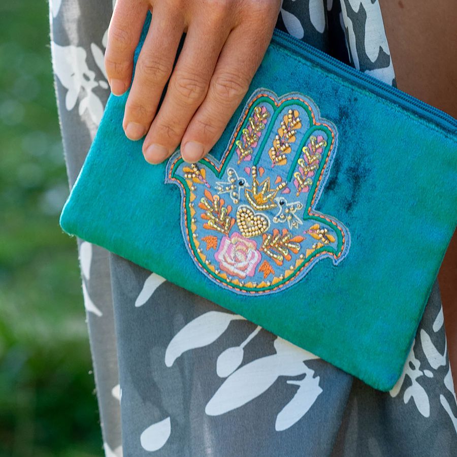 POM Bright Teal Embroidered Beaded Hand Of Fatima Purse 81439