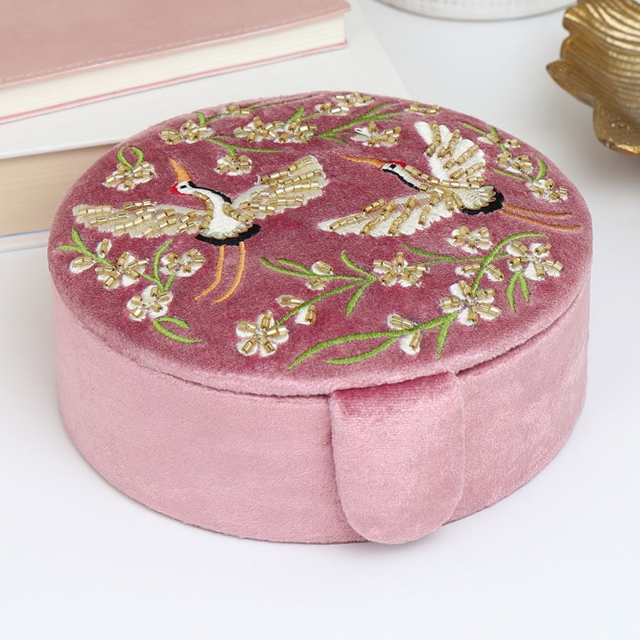 POM 81561 Pink velvet floral crane jewellery box