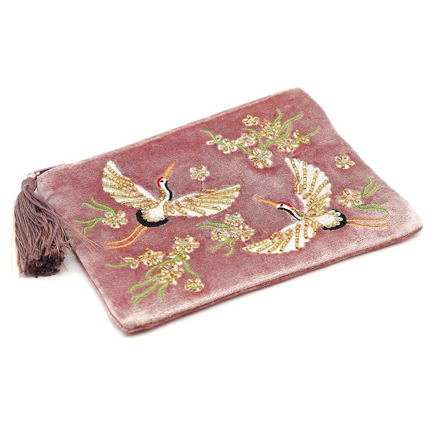 POM Velvet Pink Cranes Embroidered Purse 81564