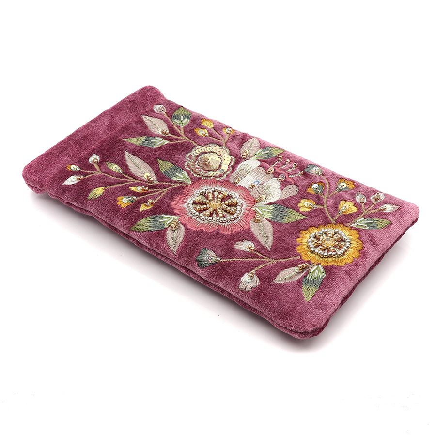 POM Pink velvet vintage floral embellished glasses case  81641