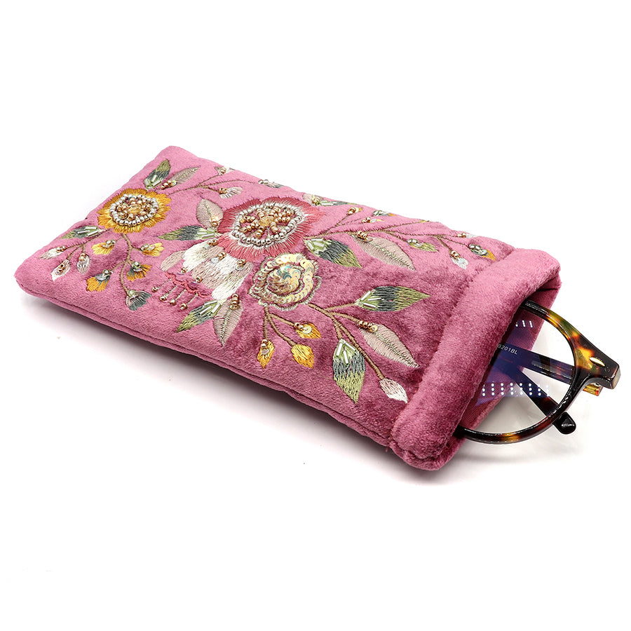 POM Pink velvet vintage floral embellished glasses case  81641