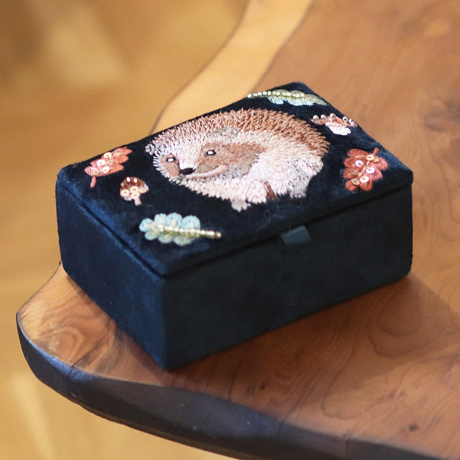 POM Velvet Jewellery Box Embroidered Hedgehog Dark Teal 81705