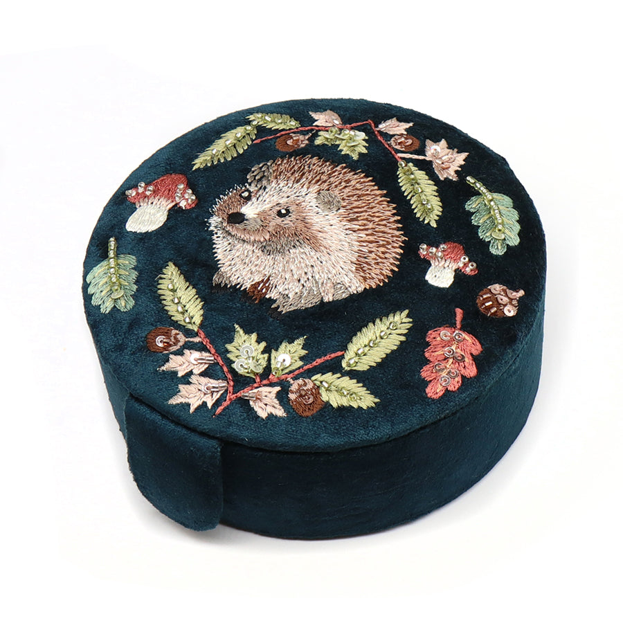 POM Velvet Embroidered Hedgehog Jewellery Box Dark Teal 81706