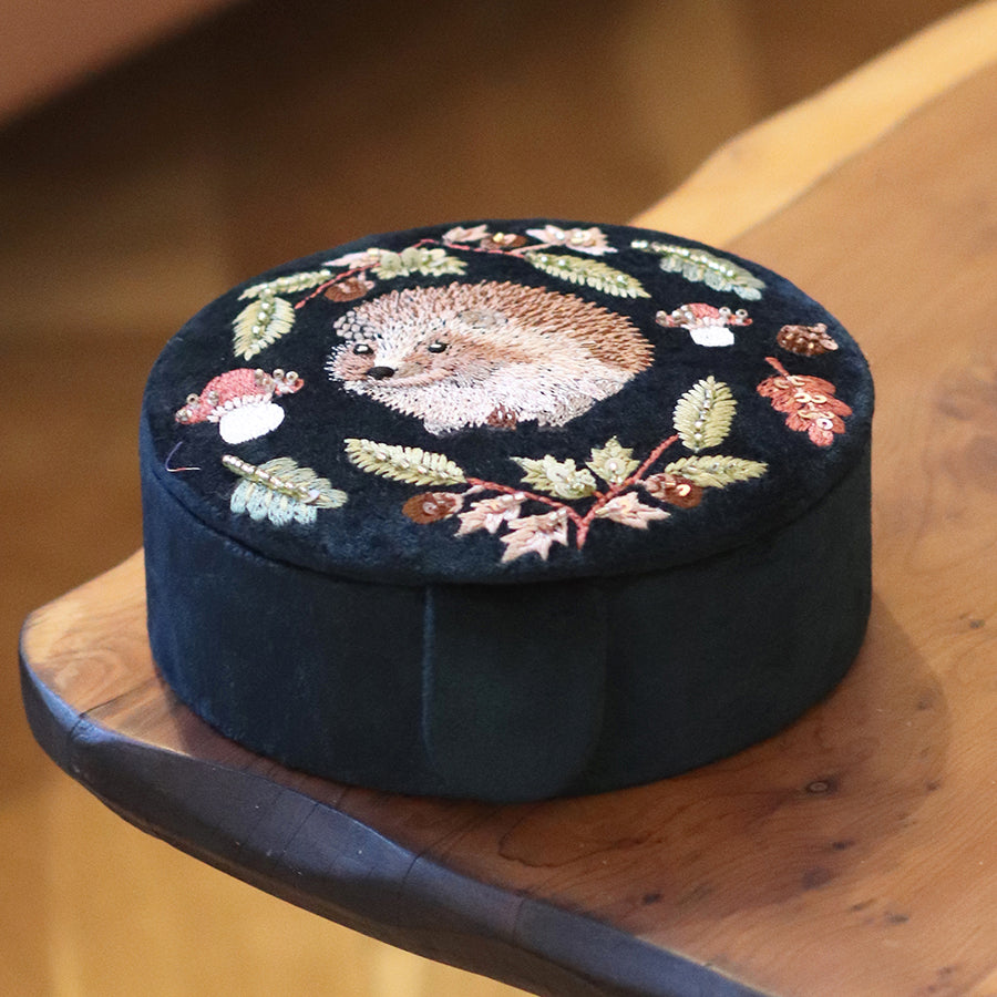 POM Velvet Embroidered Hedgehog Jewellery Box Dark Teal 81706