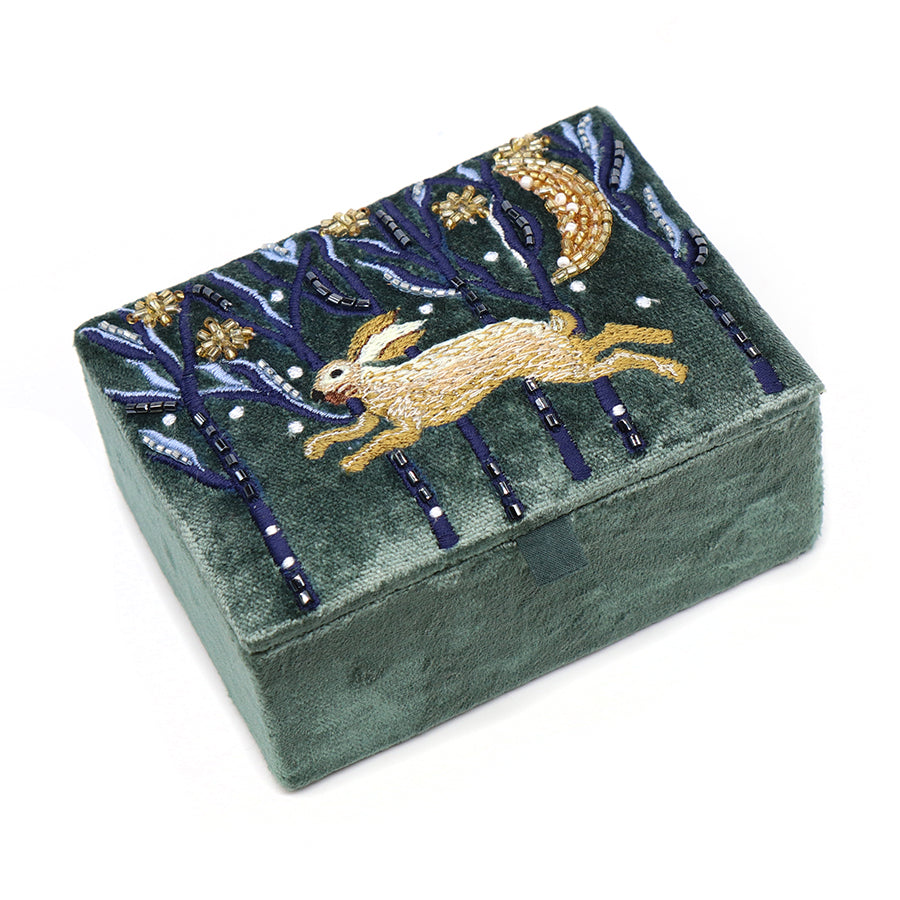 POM Velvet Jewellery Box Embroidered Leaping Hare Midnight Green 81711