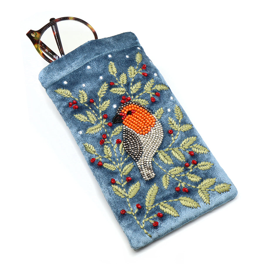 POM Velvet Glasses Case Embroidered Robin and Holly Dusky Blue 81726