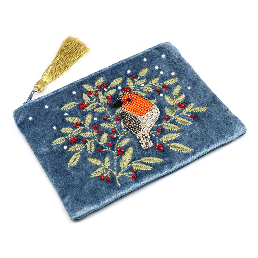 POM Velvet Purse With Embroidered Robin And Holly Dusky Blue 81727