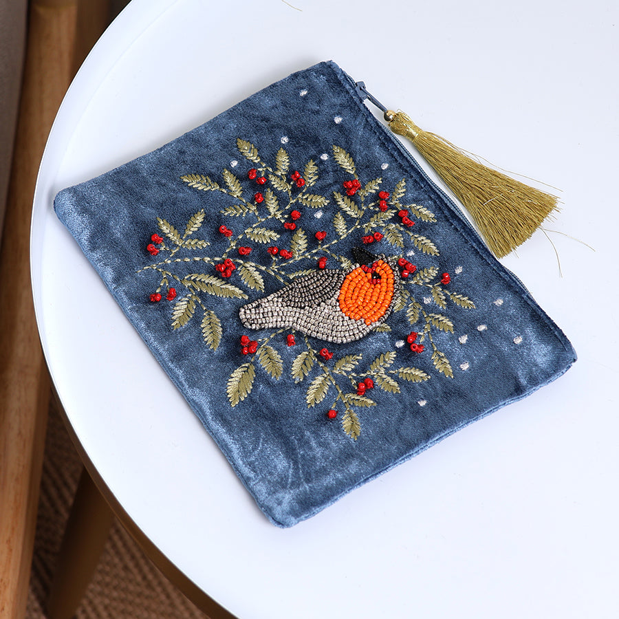 POM Velvet Purse With Embroidered Robin And Holly Dusky Blue 81727