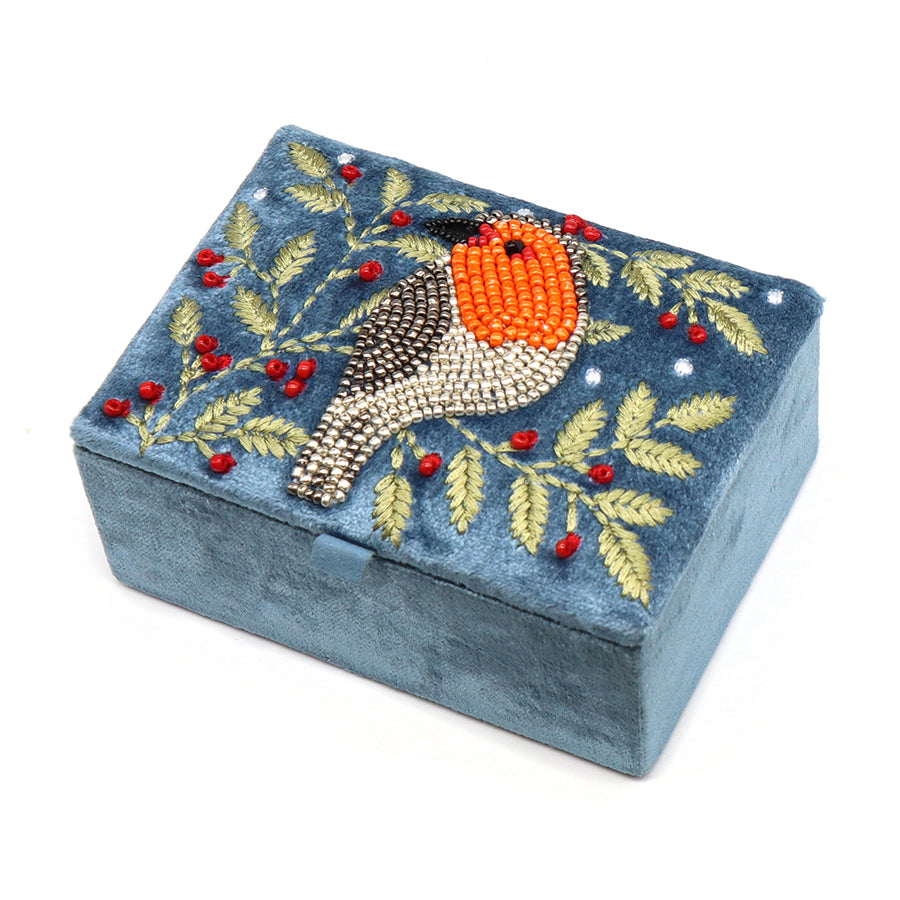 POM Velvet Jewellery Box Embroidered Robin and Holly Dusky Blue 81729