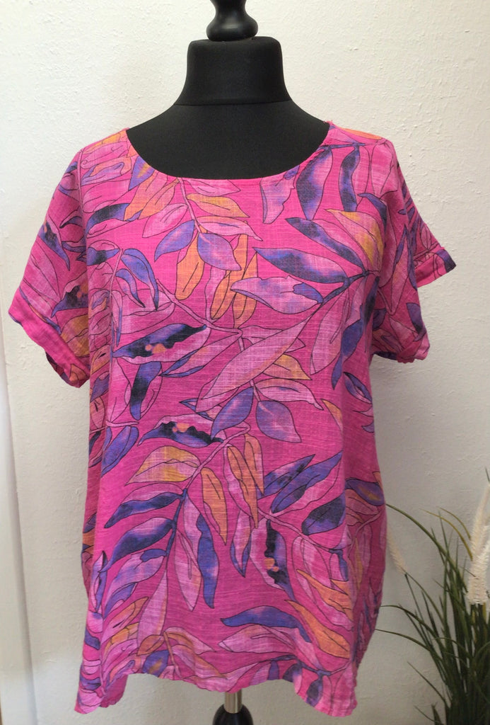 100% Cotton Round Neck Leaf Print Top One Size