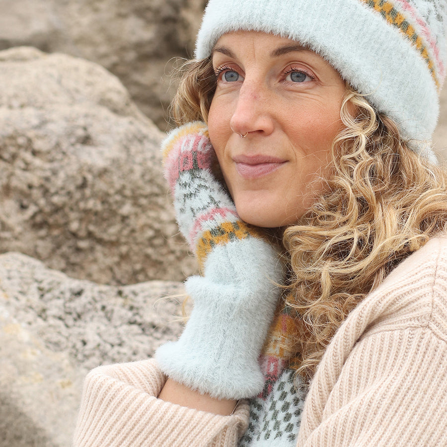 POM Soft Knit Multi Pattern Wrist Warmers Pale Blue 90264