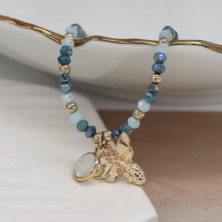 POM Peace Of Mind Aqua Crystal Bead Bracelet with Bee Charm 03621