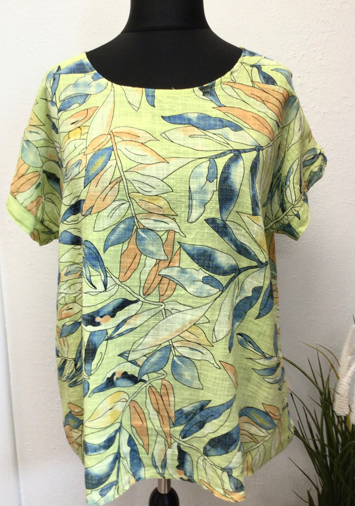 100% Cotton Round Neck Leaf Print Top One Size