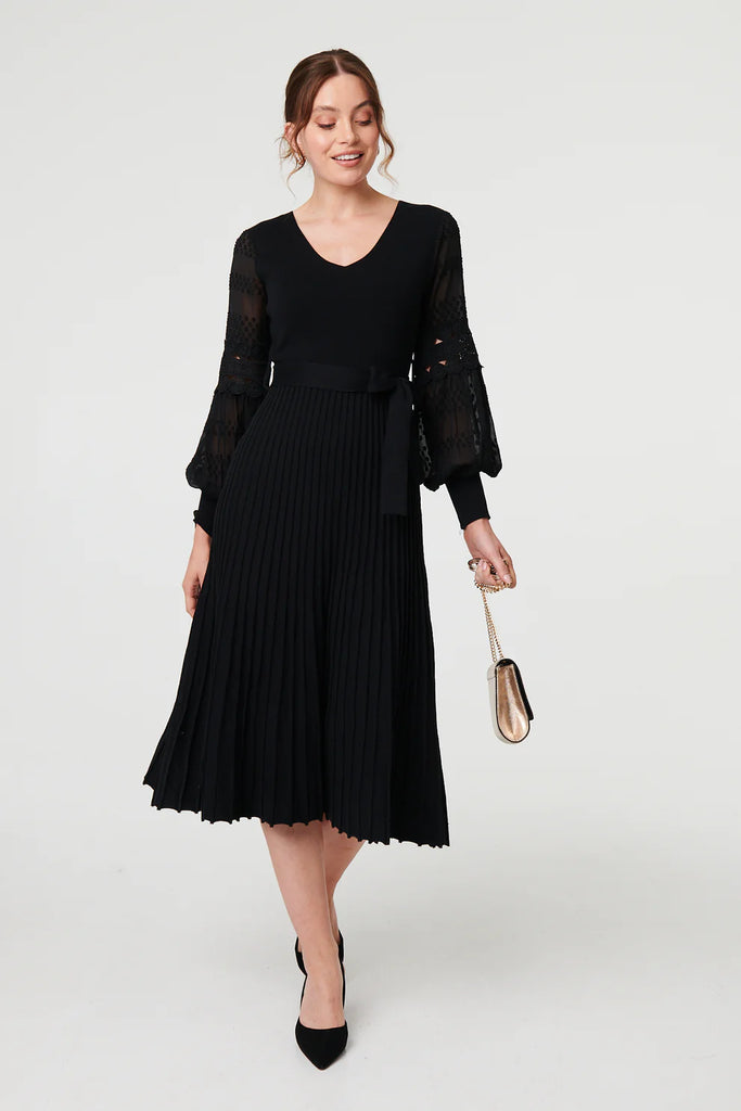 Stella Morgan Semi Sheer Lace Sleeve Knit Midi Dress Black