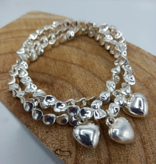 Triple Strand Elasticated Bracelet with Drop Hearts BR130SIL