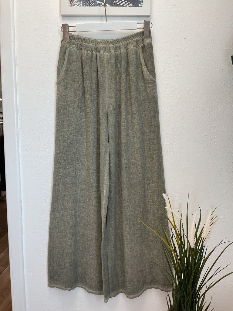 Washed Linen Wide Leg Trousers One Size