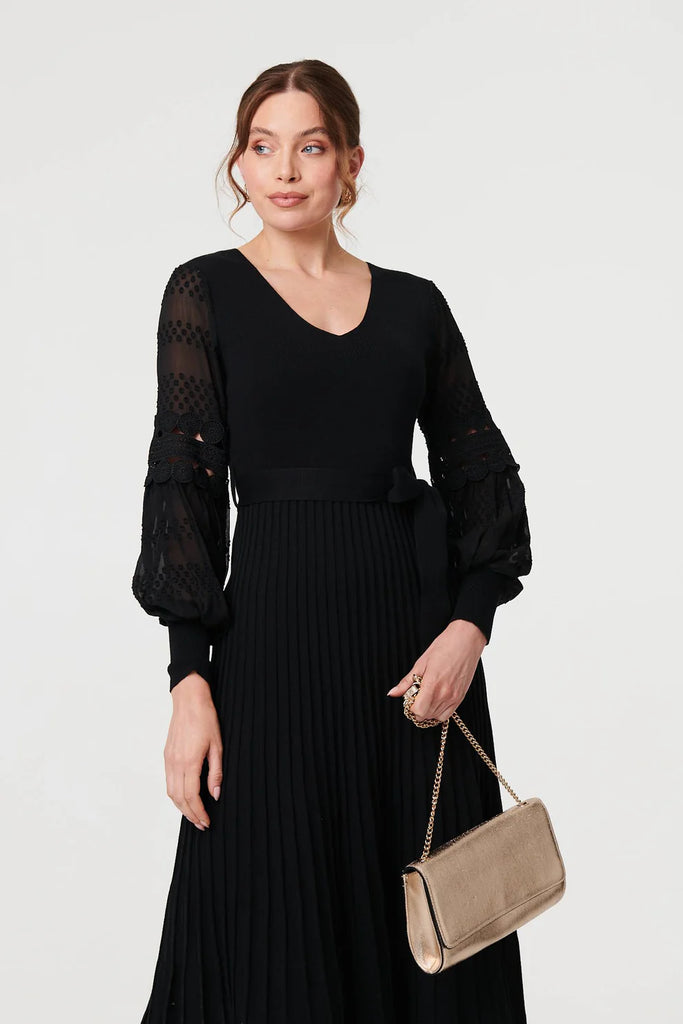 Stella Morgan Semi Sheer Lace Sleeve Knit Midi Dress Black