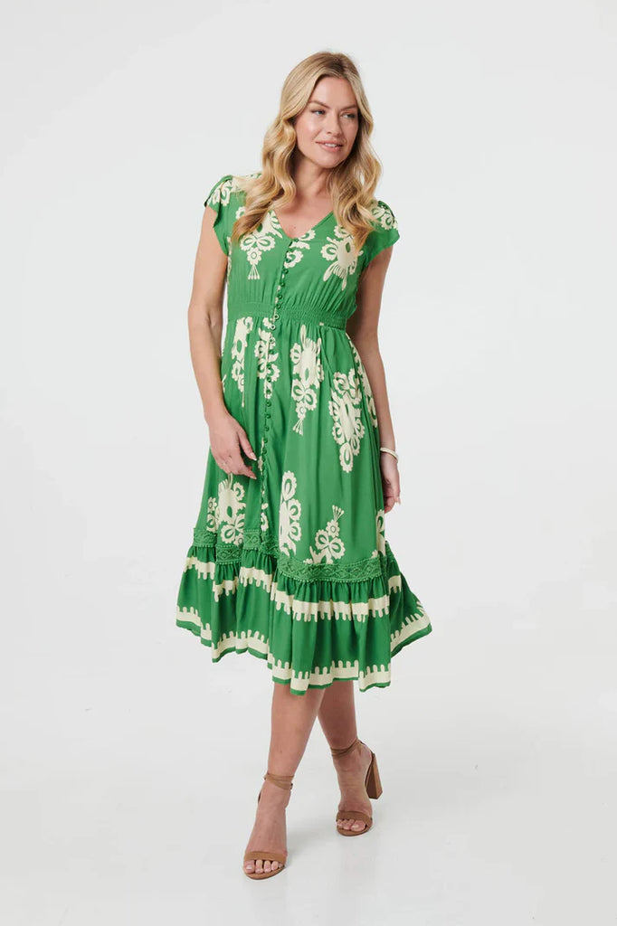 Stella Morgan Ikat Print Cap Sleeve Midi Dress in Green