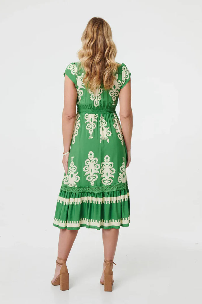 Stella Morgan Ikat Print Cap Sleeve Midi Dress in Green
