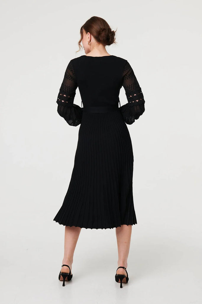 Stella Morgan Semi Sheer Lace Sleeve Knit Midi Dress Black