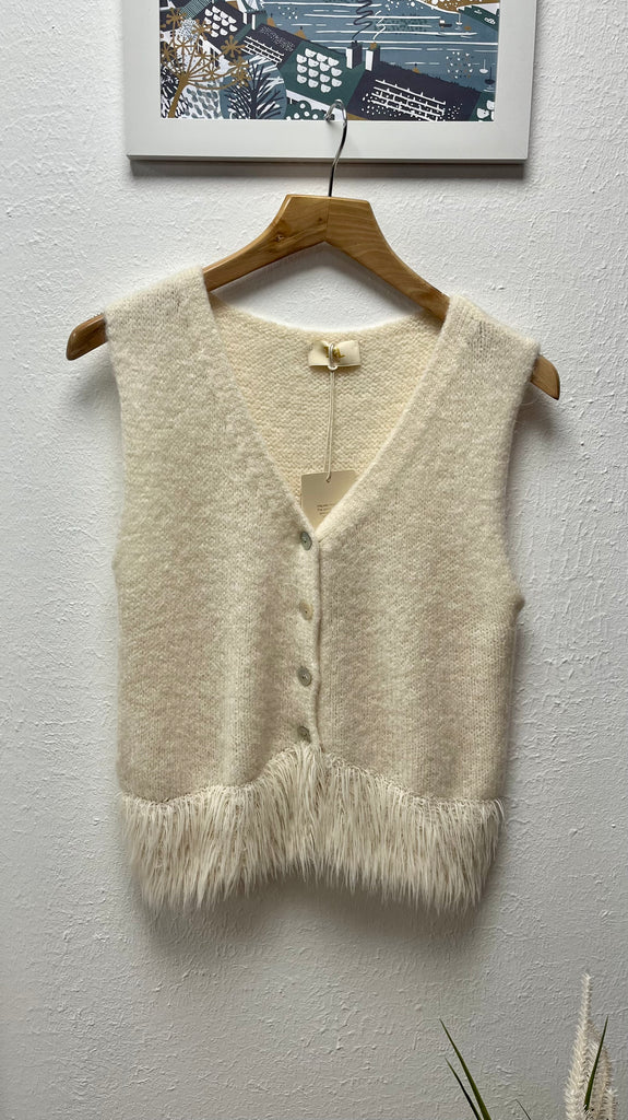 Fluffy Trim V Neck Alpaca Buttoned Front Tank Top