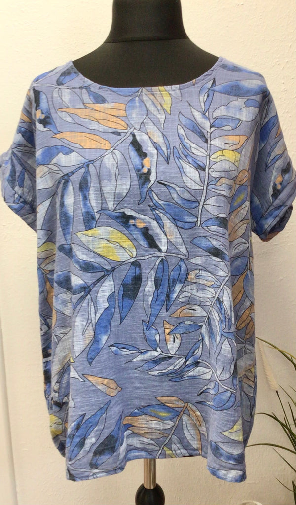 100% Cotton Round Neck Leaf Print Top One Size