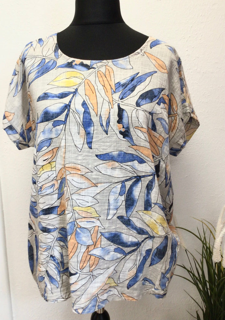 100% Cotton Round Neck Leaf Print Top One Size