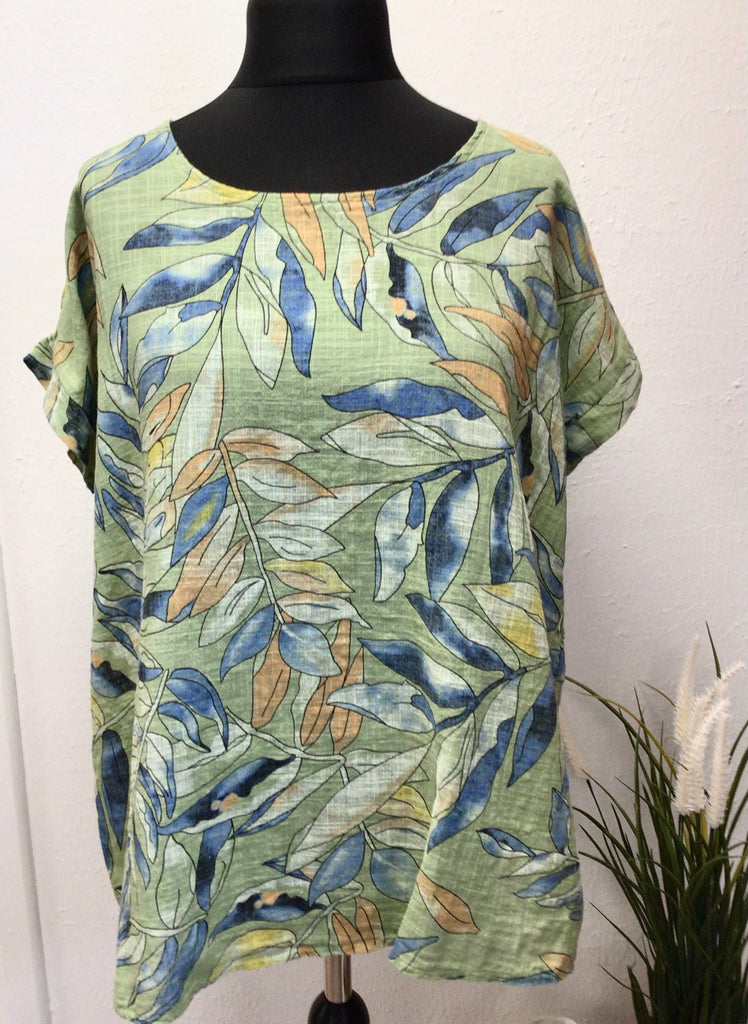 100% Cotton Round Neck Leaf Print Top One Size