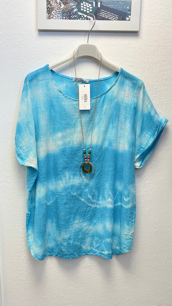 Italian Tie Dye Cotton Top with Necklace One Size up to UK18