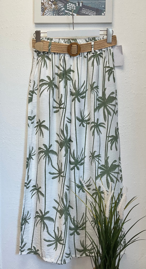 Palm Print Wide Leg Belted Trousers One Size 8-16