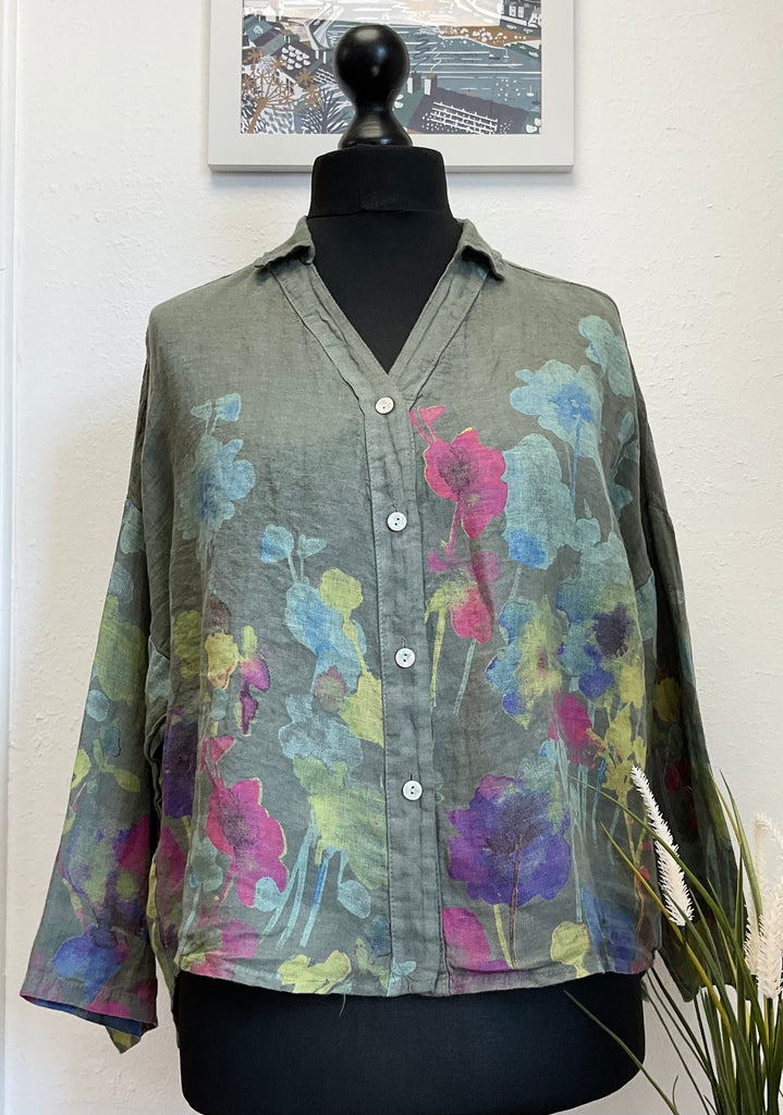 Colette Floral Watercolour Print Pure Linen Shirt One Size