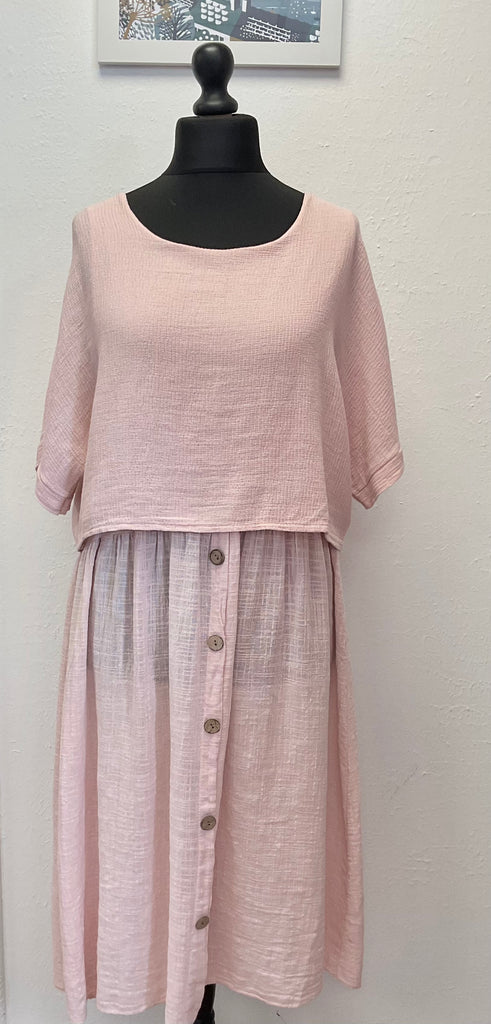 Cotton Layered  Dress Button Detail 2Piece Set One Size