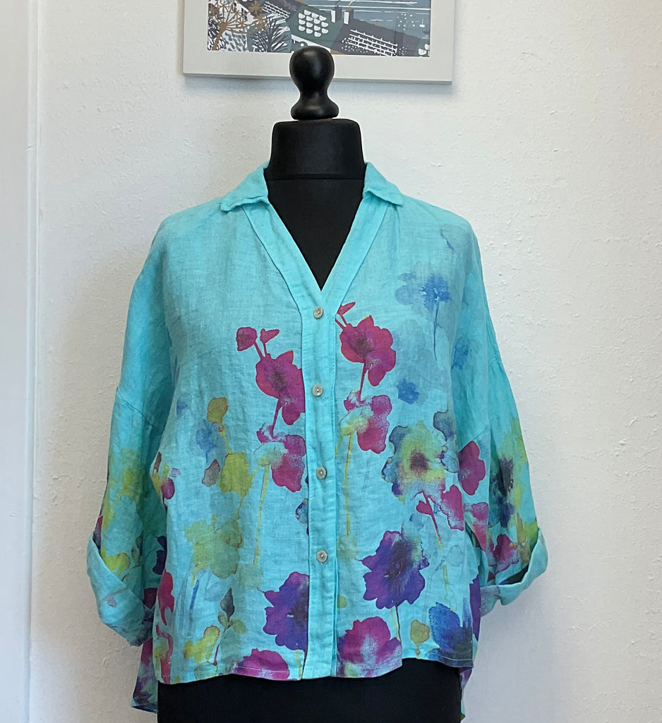 Colette Floral Watercolour Print Pure Linen Shirt One Size