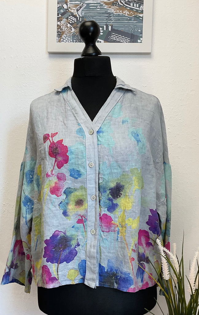 Colette Floral Watercolour Print Pure Linen Shirt One Size