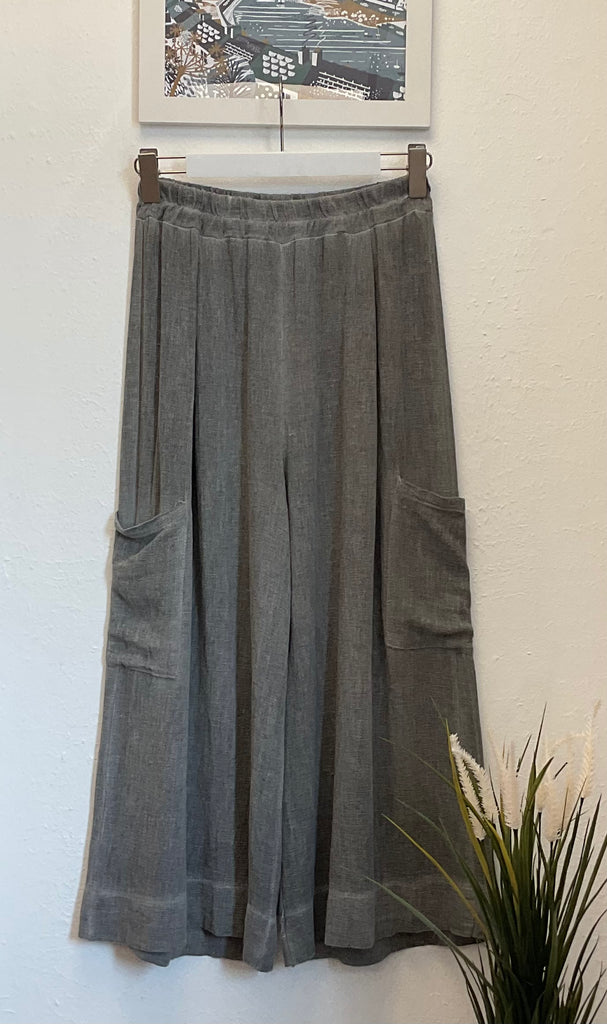 Washed Linen Side Pocket Cropped Trousers One Size