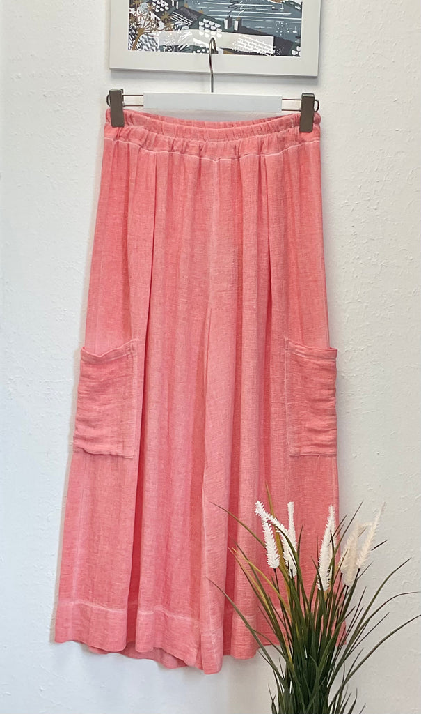 Washed Linen Side Pocket Cropped Trousers One Size