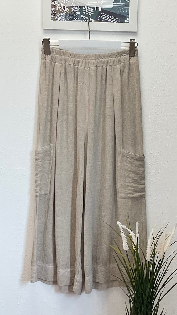 Washed Linen Side Pocket Cropped Trousers One Size