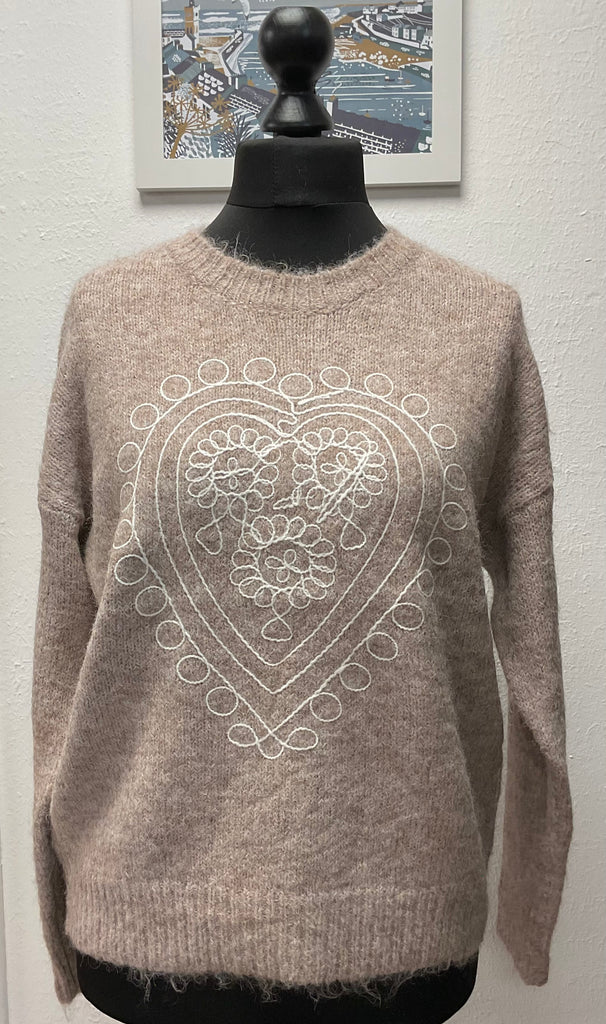 Heart Embroidered Knit Jumper Oatmeal