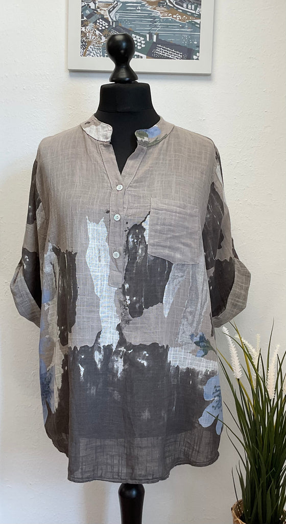 Contrast Floral Cotton 3 Button Blouse One Size