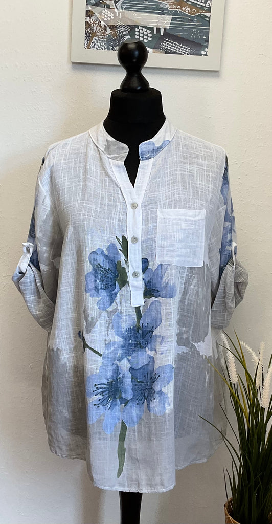 Contrast Floral Cotton 3 Button Blouse One Size