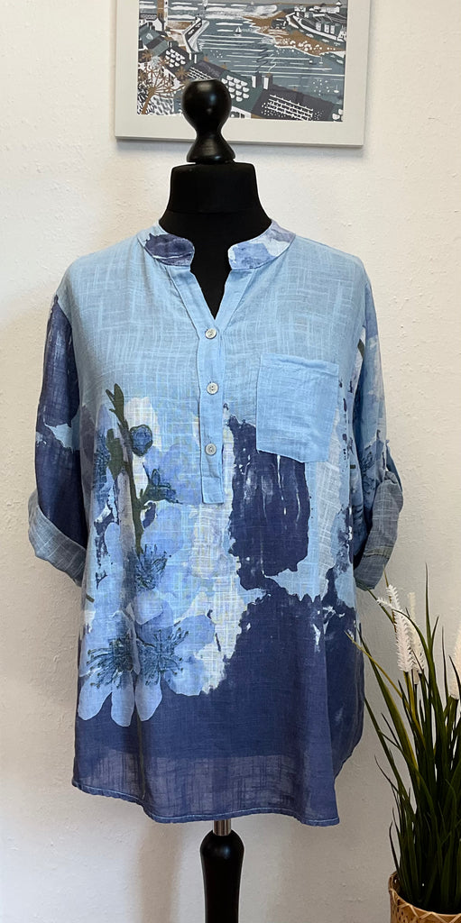 Contrast Floral Cotton 3 Button Blouse One Size